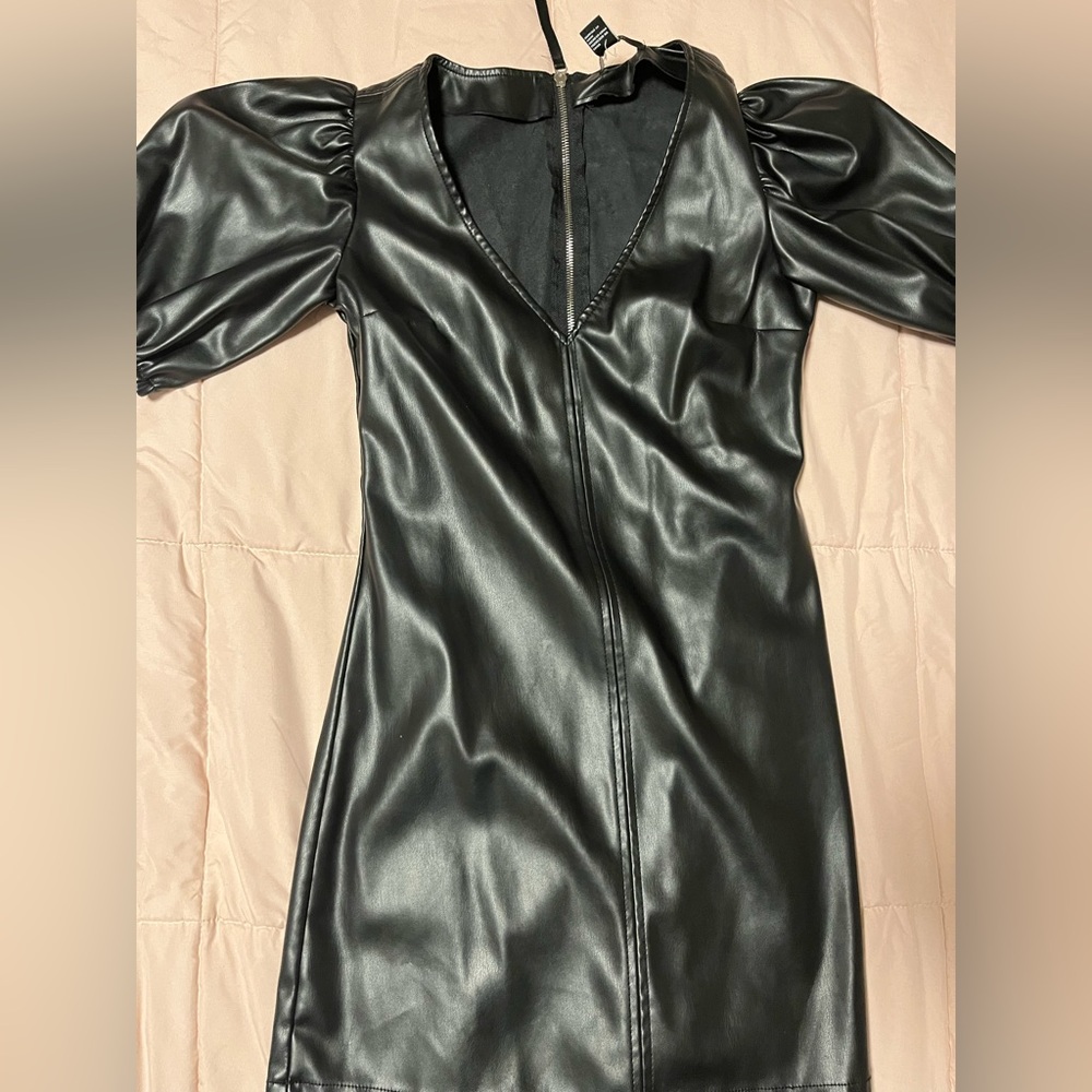 Leather puffer sleeve dress